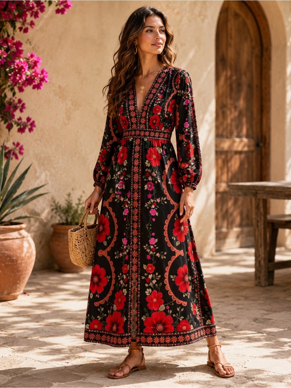 NEW - Black Red Floral Boho Maxi Dress Long Sleeve Resort Vacation